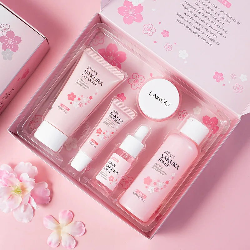 LAIKOU Sakura 5pcs Skin Care Kit Cleanser Toner Serum Eye Cream Essence Cream Moisturizing Beauty Gift Box For Women 