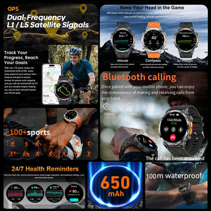 2025 New Military Dual-Band GPS SmartWatch Compass 10ATM Waterproof Tactics Compass Altimeter 100+Sport BT call Smart Watch Men - Fitmora™