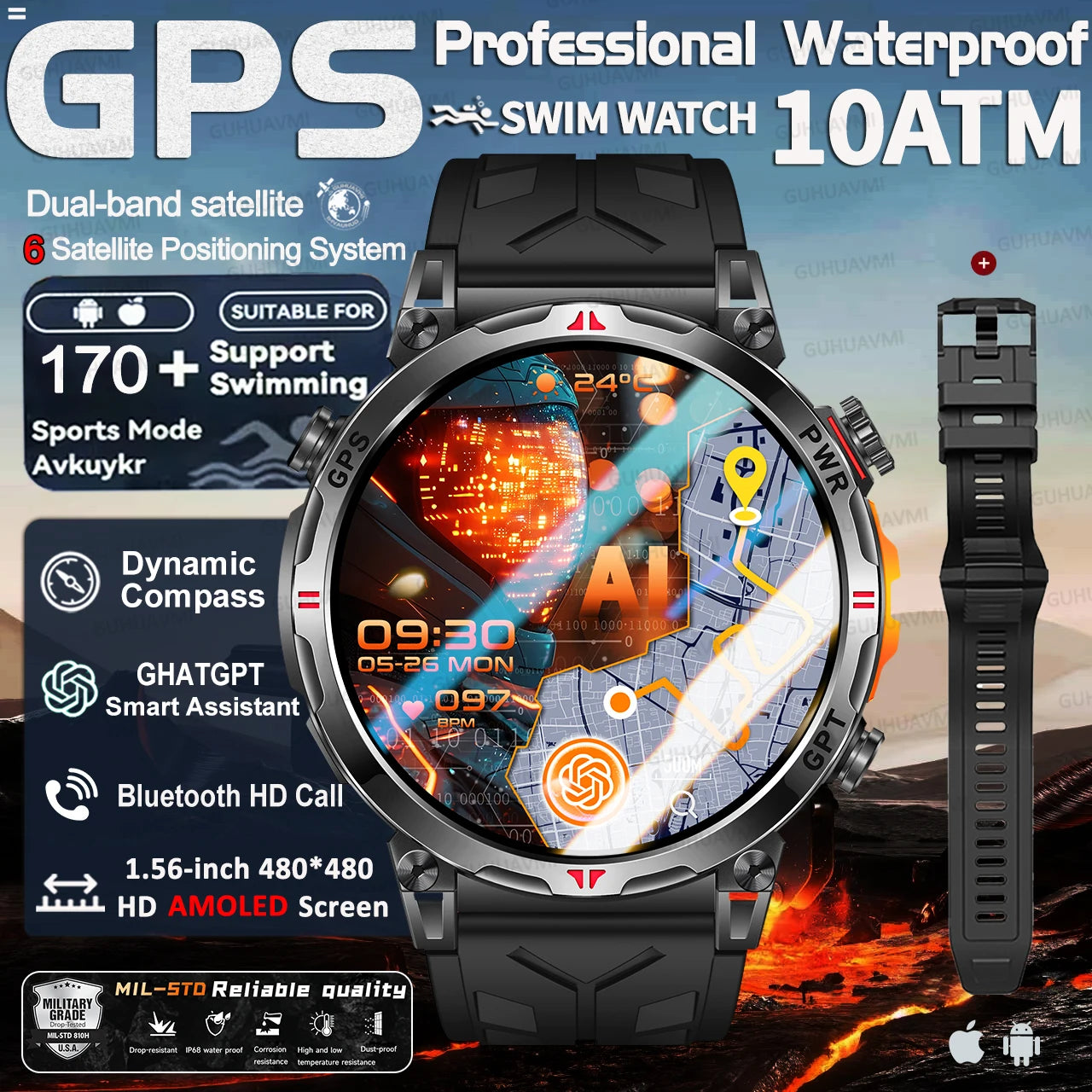 2025 New Military Dual-Band GPS SmartWatch Compass 10ATM Waterproof Tactics Compass Altimeter 100+Sport BT call Smart Watch Men - Fitmora™