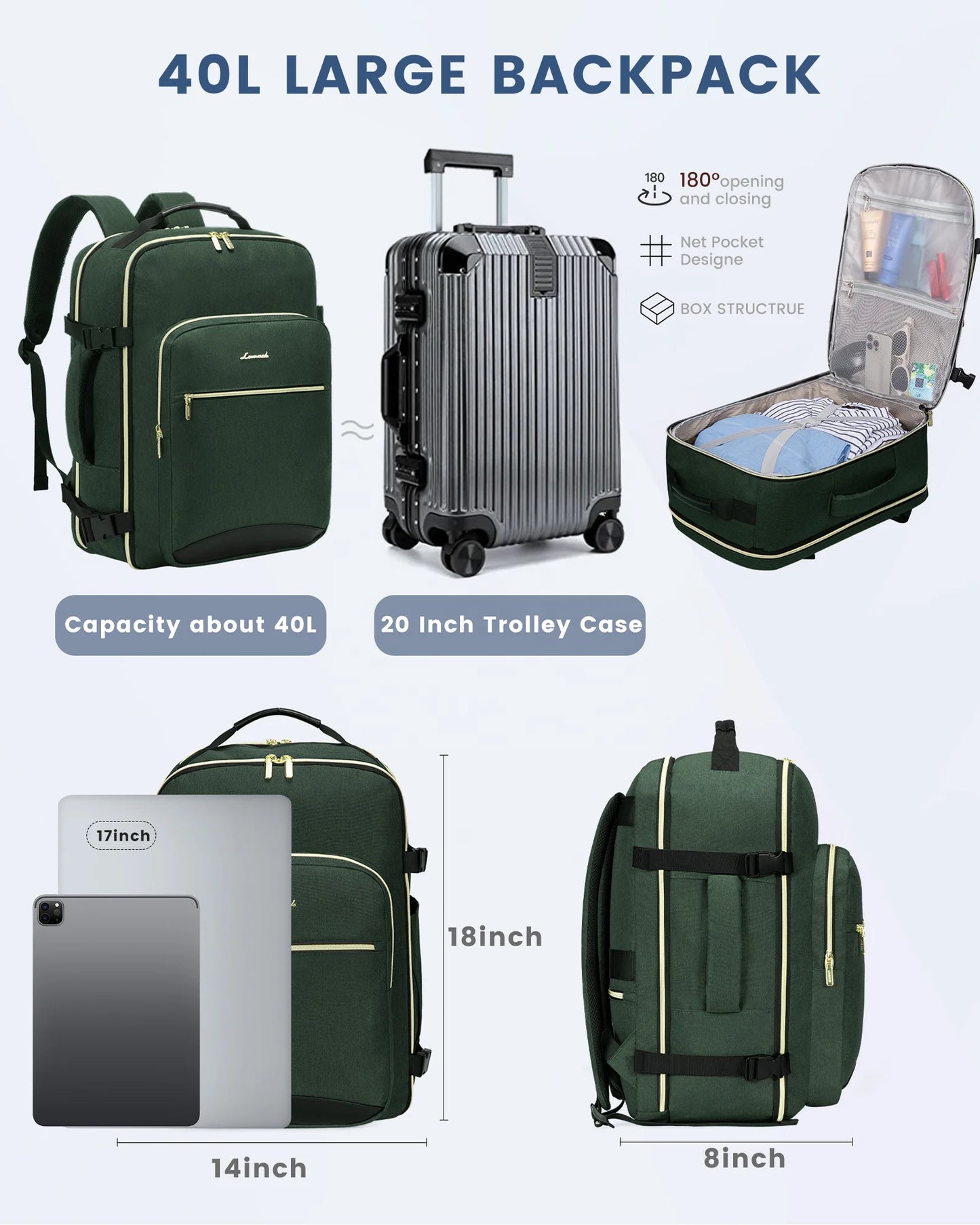 LOVEVOOK 40L Large Carry on Camping Hiking Backpack Bag for Outdoor Airline Approved Weekender Sports Travel  Laptop Backpacks