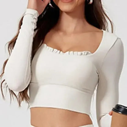 Fitness Sports Long Sleeve Top Running Square Neck Lace Tight Outwear with Chest Pad Long Sleeve Sports Yoga Clothes XP07