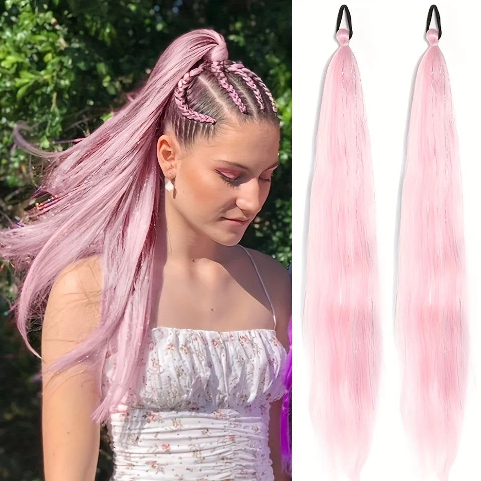 26 inch synthetic hair extension two-piece set with elastic band, durable and easy to style, suitable for daily wear
