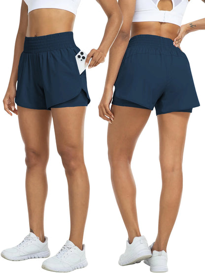 Women's high-waisted athletic shorts for running, yoga, layered design, anti-exposure, fitness, and workout with pockets