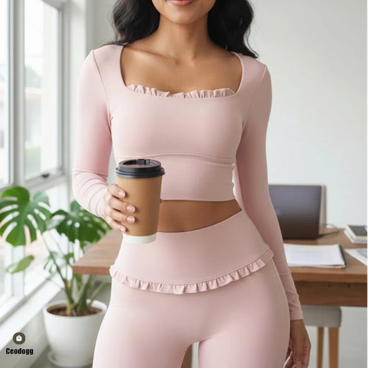 Fitness Sports Long Sleeve Top Running Square Neck Lace Tight Outwear with Chest Pad Long Sleeve Sports Yoga Clothes XP07