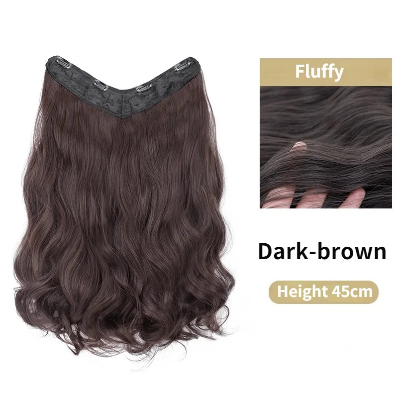 22Inch Synthetic Long Curly Hair Extension 4 Clips V-shape Natural Brown Black Hairpiece for Women