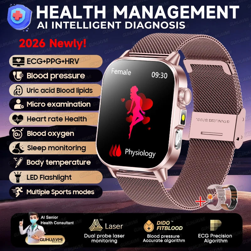 New Health Micro examination ECG SmartWatch Men Women Uric Acid Blood Fat Bluetooth Call Emotional Fatigue Monitoring Smartwatch