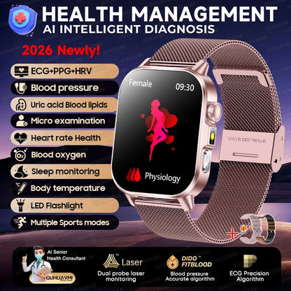 New Health Micro examination ECG SmartWatch Men Women Uric Acid Blood Fat Bluetooth Call Emotional Fatigue Monitoring Smartwatch