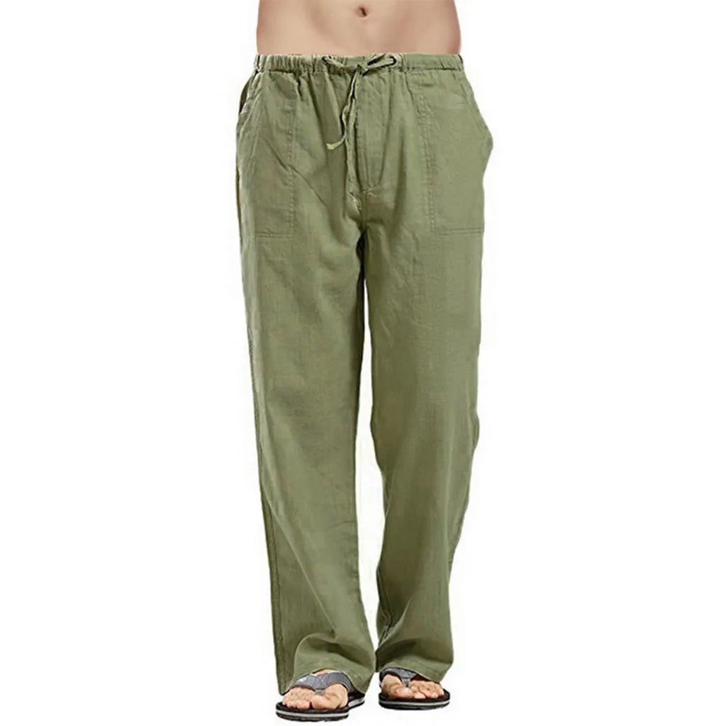 Men's Cotton Linen Pants Summer Solid Color Breathable Linen Trousers Male Casual Elastic Waist Fitness Pants Hip-Hop Streetwear