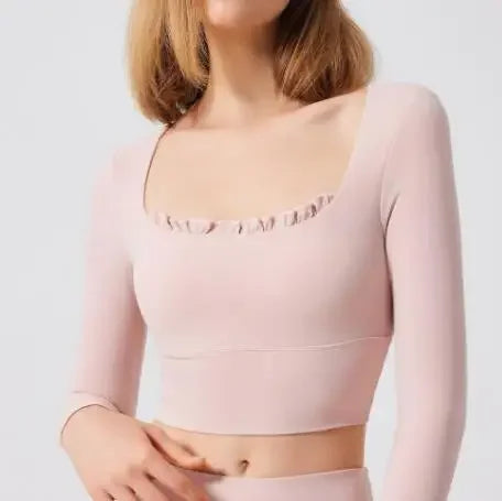 Fitness Sports Long Sleeve Top Running Square Neck Lace Tight Outwear with Chest Pad Long Sleeve Sports Yoga Clothes XP07