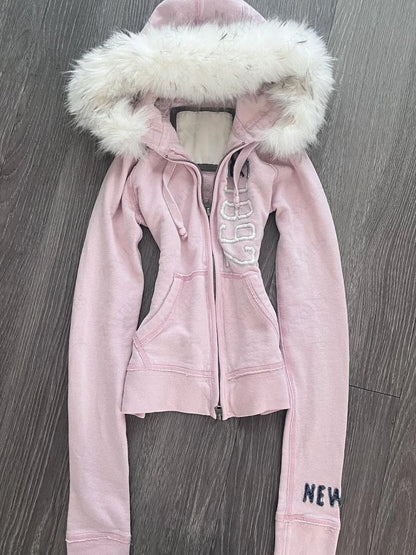 Hoodies Women Clothes 2000s Summer Pink Girly Fix Fox Aesthetic Kawaii Y2k Sweet Zip Up Hoodie Punk Loose Sweatshirt Coat Y2k