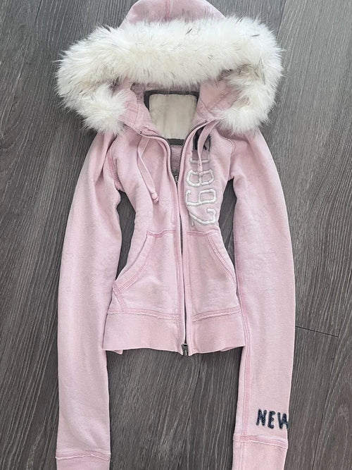 Hoodies Women Clothes 2000s Summer Pink Girly Fix Fox Aesthetic Kawaii Y2k Sweet Zip Up Hoodie Punk Loose Sweatshirt Coat Y2k