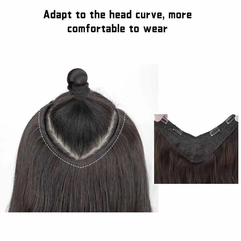 22Inch Synthetic Long Curly Hair Extension 4 Clips V-shape Natural Brown Black Hairpiece for Women