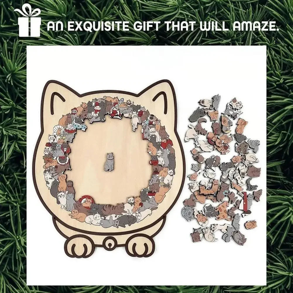 135 PC Cat-shaped Wooden Jigsaw Puzzle Unique Irregular Puzzle Pieces Game Birthday Xmas Gifts for Cat Lovers Home Decorations ﻿