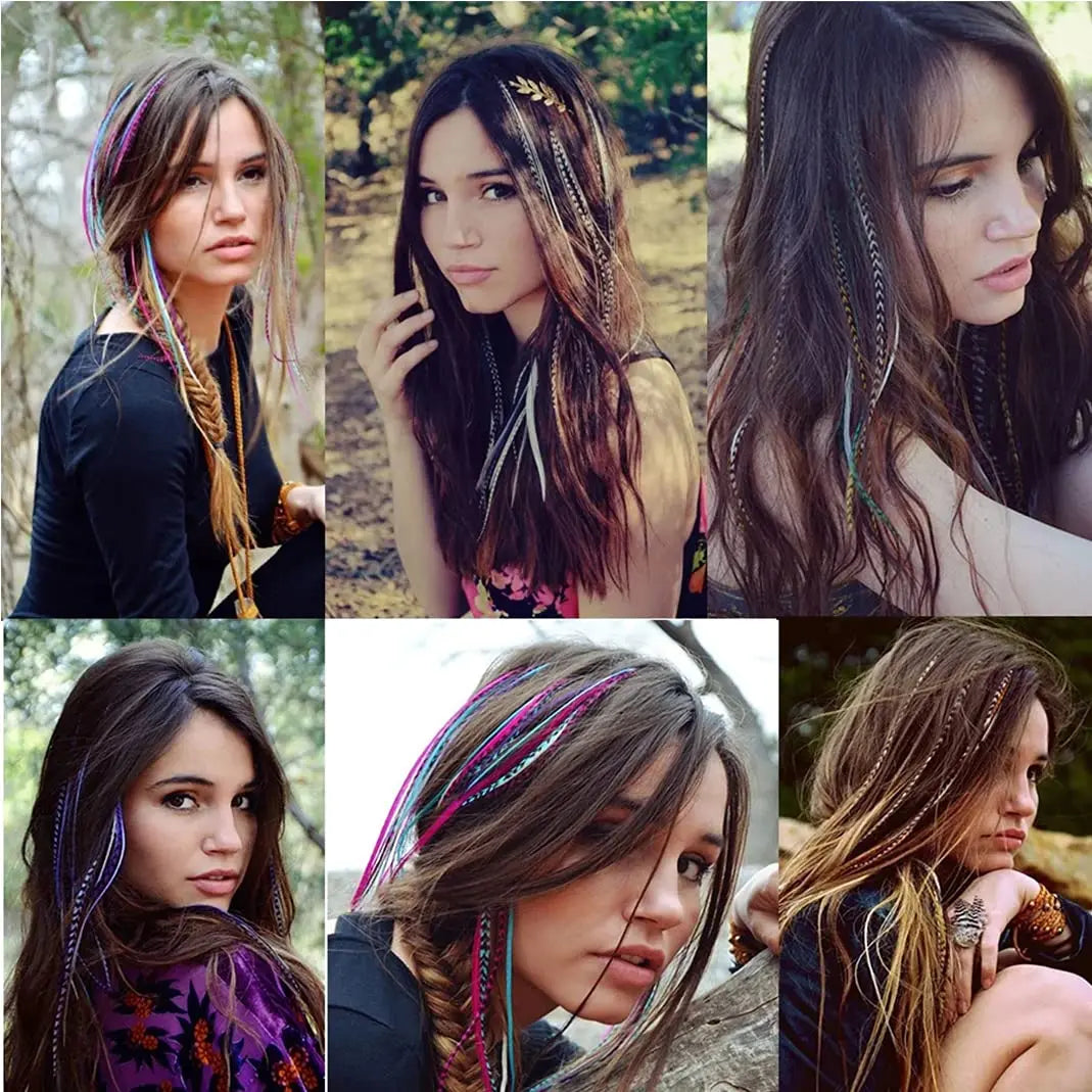 Hair Feathers Extension Kit -50pcs Synthetic Feather Hair Extensions Hair Pieces And 100 Pcs Silicon Micro Link Beads&3 Pcs Tool
