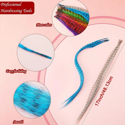 Hair Feathers Extension Kit -50pcs Synthetic Feather Hair Extensions Hair Pieces And 100 Pcs Silicon Micro Link Beads&3 Pcs Tool