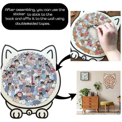 135 PC Cat-shaped Wooden Jigsaw Puzzle Unique Irregular Puzzle Pieces Game Birthday Xmas Gifts for Cat Lovers Home Decorations ﻿