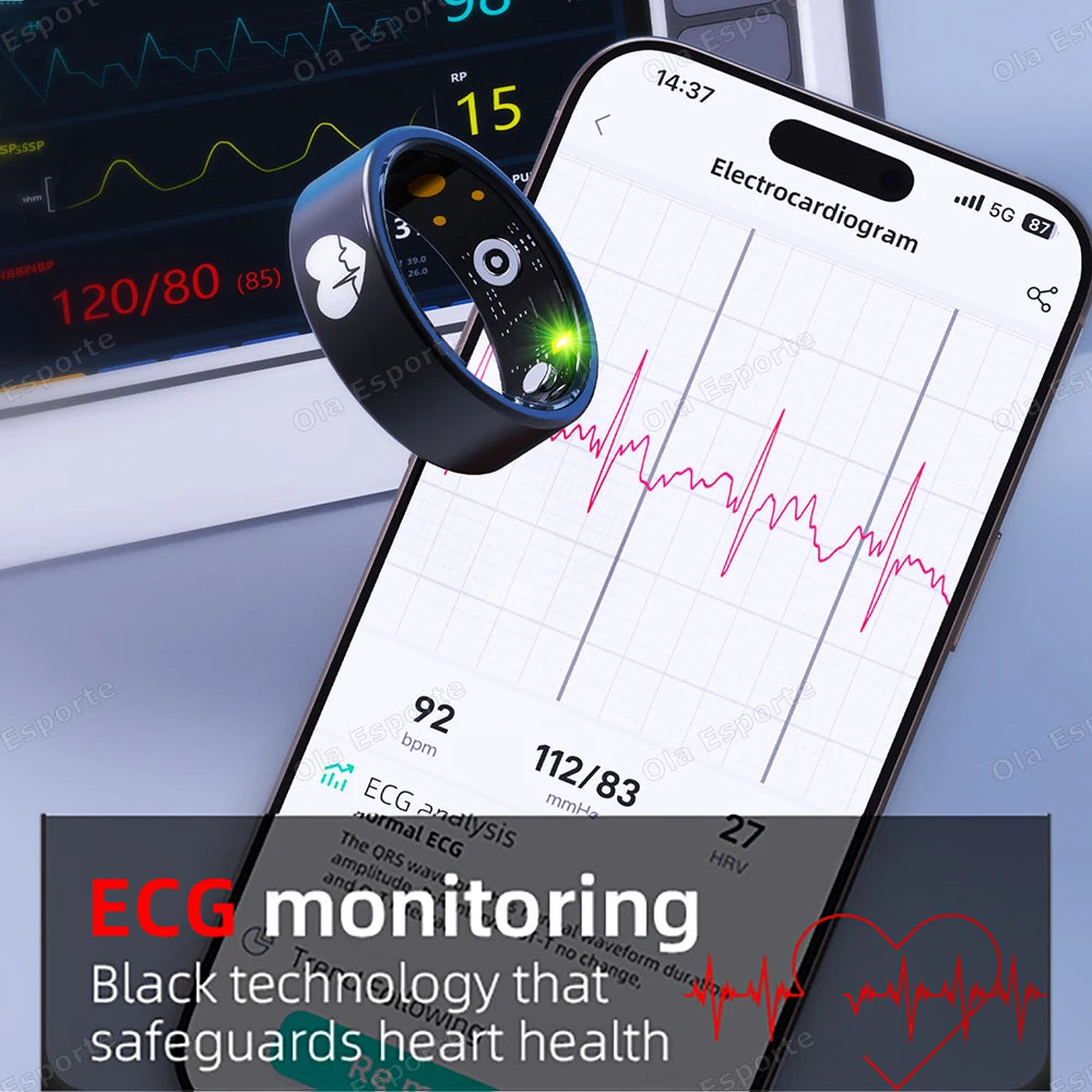 New ECG Monitor Smart Ring Heart Rate Blood Oxygen Health Monitoring Multi-sport Mode Temperature 3ATM Waterproof Smartring 2026