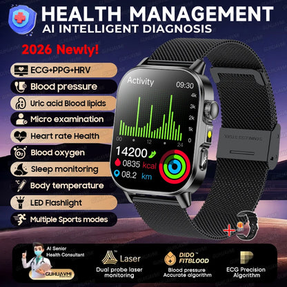 New Health Micro examination ECG SmartWatch Men Women Uric Acid Blood Fat Bluetooth Call Emotional Fatigue Monitoring Smartwatch