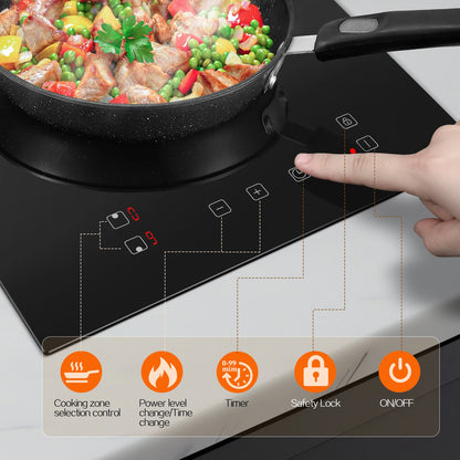 Induction Hob 2 Plates 3300W, 30cm Dual Mode,Touch Control Crystal Glass 9 Heat Settings,Booster Function,Timer, Child Lock