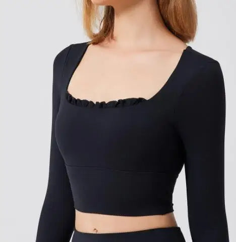 Fitness Sports Long Sleeve Top Running Square Neck Lace Tight Outwear with Chest Pad Long Sleeve Sports Yoga Clothes XP07