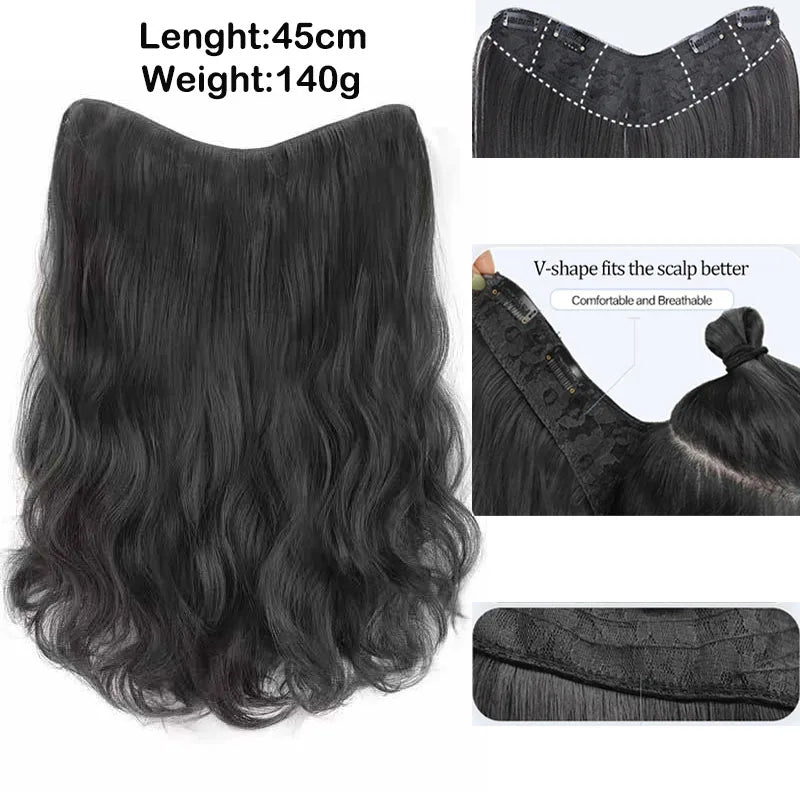 22Inch Synthetic Long Curly Hair Extension 4 Clips V-shape Natural Brown Black Hairpiece for Women