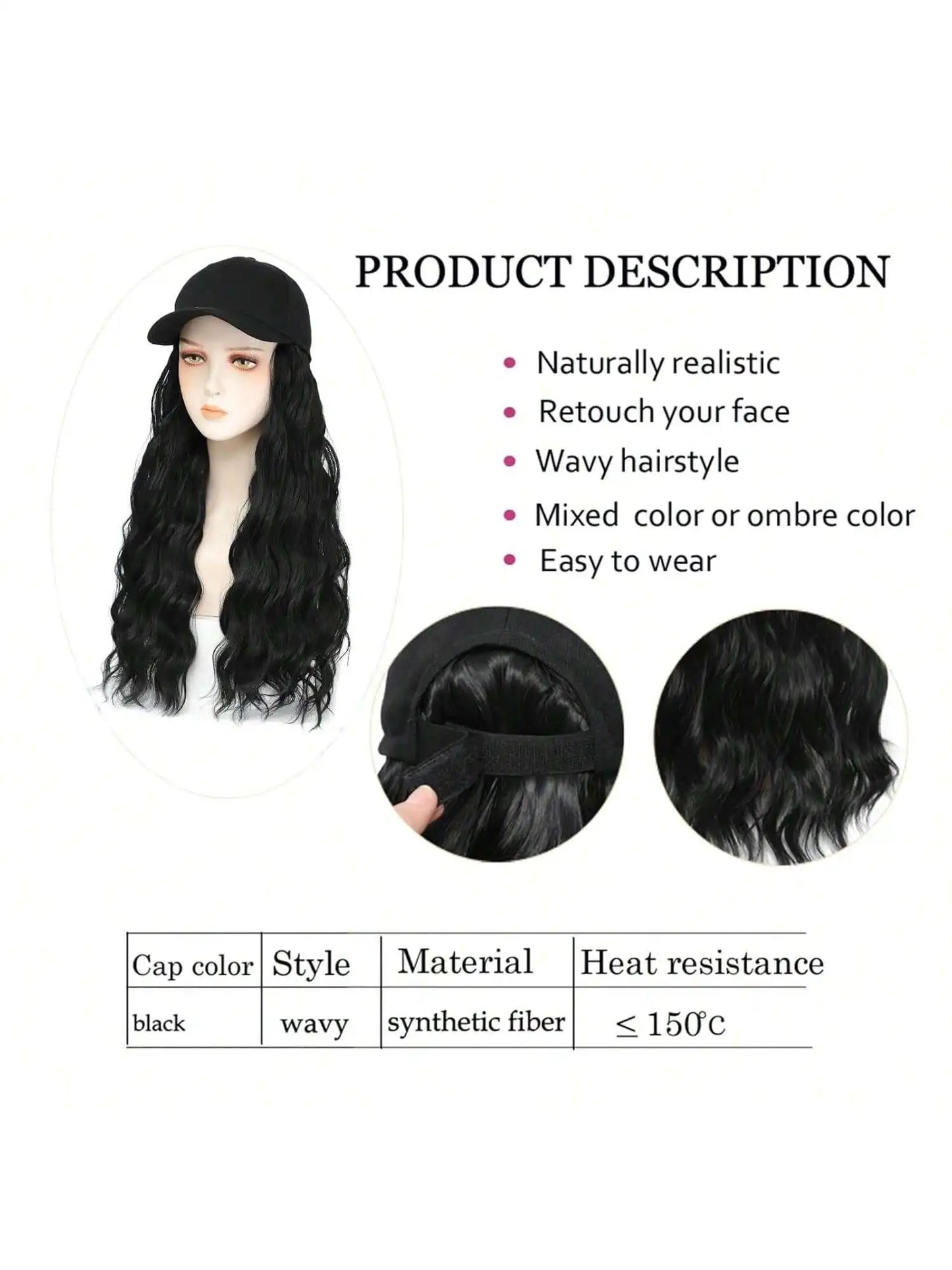 Baseball Cap Wig Long Natural Wavy Hair Extensions With Hat Heat Synthetic Fiber Extensions Adjustable Hat Wig for Women
