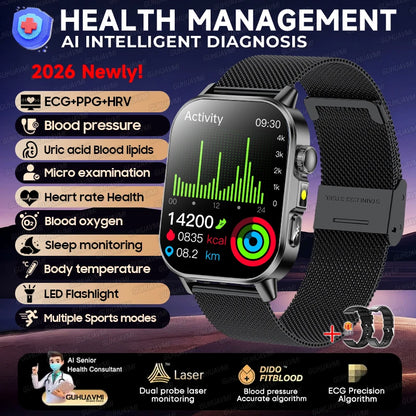 New Health Micro examination ECG SmartWatch Men Women Uric Acid Blood Fat Bluetooth Call Emotional Fatigue Monitoring Smartwatch
