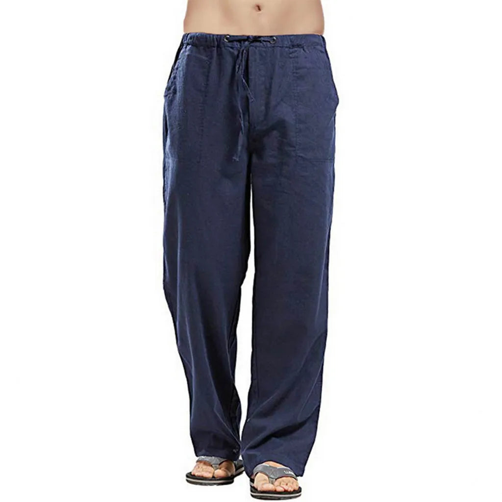 Men's Cotton Linen Pants Summer Solid Color Breathable Linen Trousers Male Casual Elastic Waist Fitness Pants Hip-Hop Streetwear