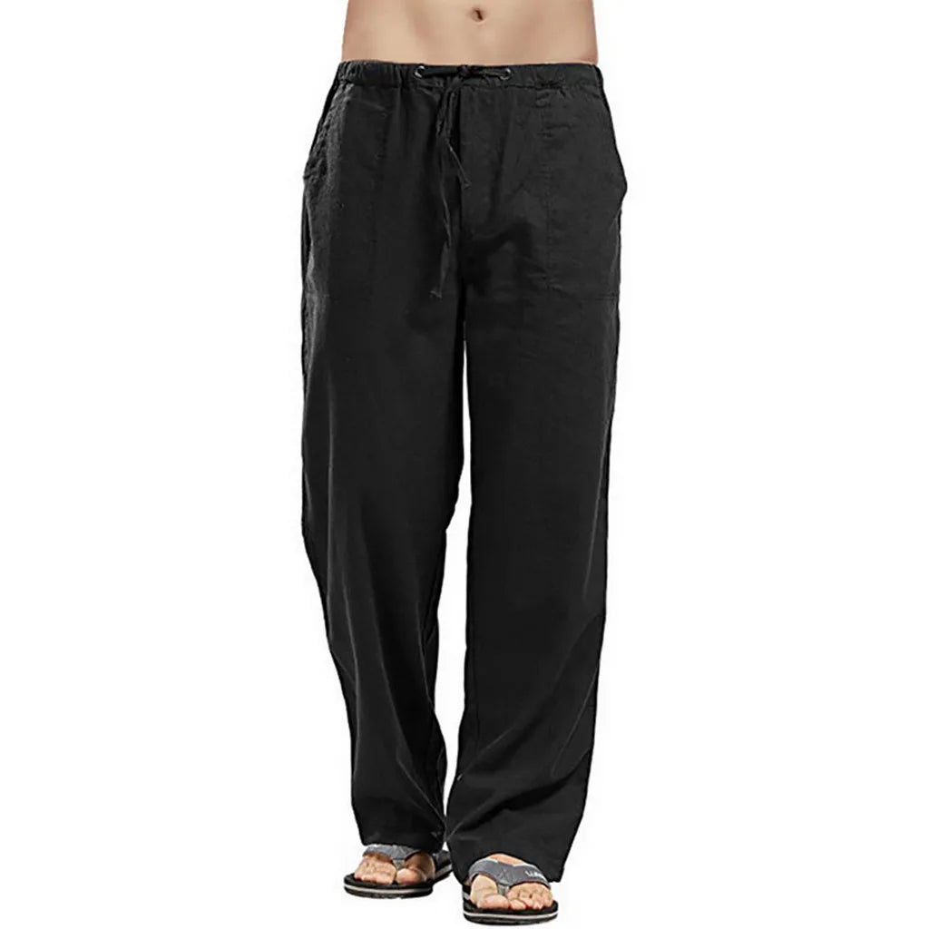Men's Cotton Linen Pants Summer Solid Color Breathable Linen Trousers Male Casual Elastic Waist Fitness Pants Hip-Hop Streetwear