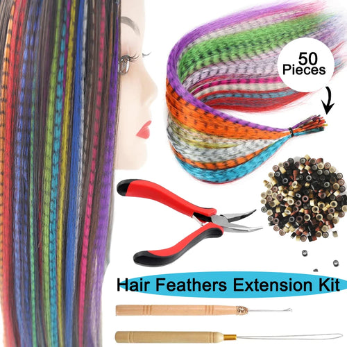 Hair Feathers Extension Kit -50pcs Synthetic Feather Hair Extensions Hair Pieces And 100 Pcs Silicon Micro Link Beads&3 Pcs Tool