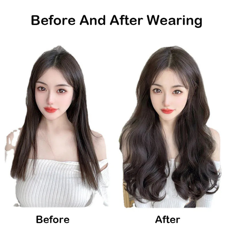22Inch Synthetic Long Curly Hair Extension 4 Clips V-shape Natural Brown Black Hairpiece for Women