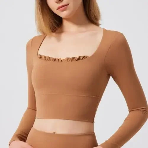 Fitness Sports Long Sleeve Top Running Square Neck Lace Tight Outwear with Chest Pad Long Sleeve Sports Yoga Clothes XP07