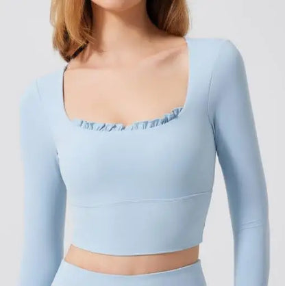 Fitness Sports Long Sleeve Top Running Square Neck Lace Tight Outwear with Chest Pad Long Sleeve Sports Yoga Clothes XP07