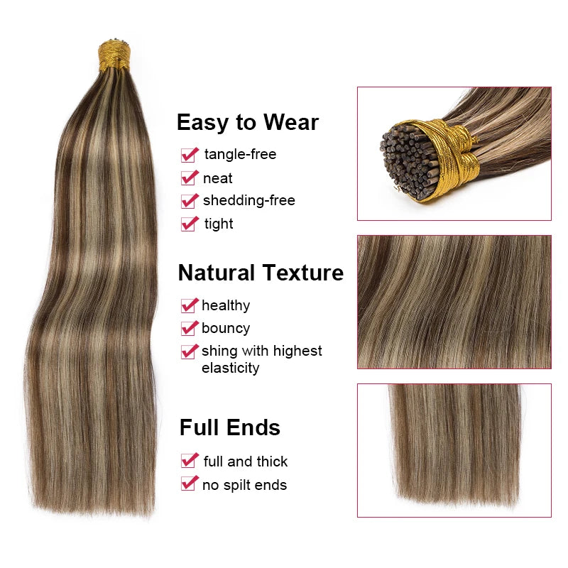 ITIP Hair Extension Human Hair for Women Straight Real Brazilian Human Hair 50 Strands Pre-bonded Highlight ITIP Hair Extensions