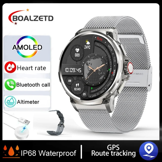 GPS Track health monitoring Men 1.85-Inch HD AMOLED Screen 360*360 Battery Sport Bluetooth Call Smartwatch New Gift