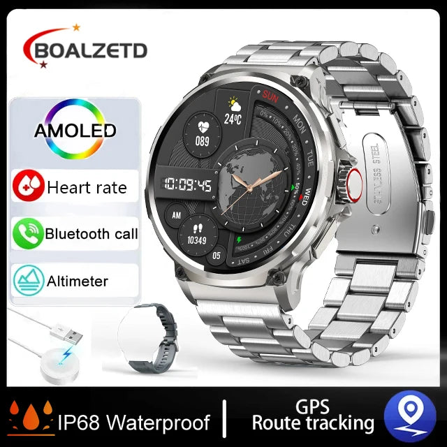 GPS Track health monitoring Men 1.85-Inch HD AMOLED Screen 360*360 Battery Sport Bluetooth Call Smartwatch New Gift