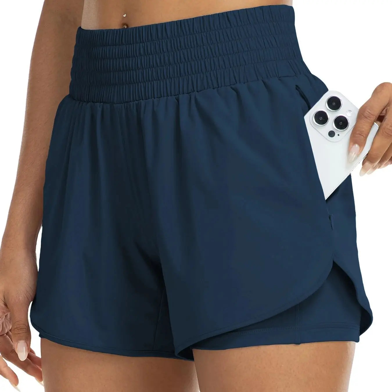 Women's high-waisted athletic shorts for running, yoga, layered design, anti-exposure, fitness, and workout with pockets