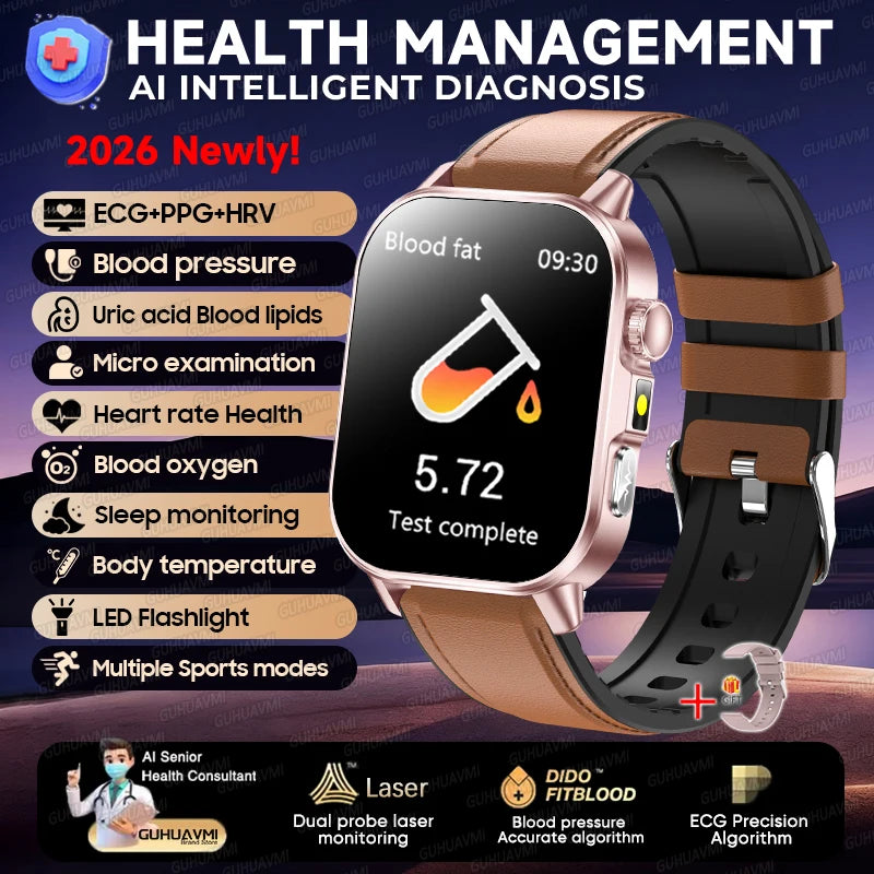New Health Micro examination ECG SmartWatch Men Women Uric Acid Blood Fat Bluetooth Call Emotional Fatigue Monitoring Smartwatch