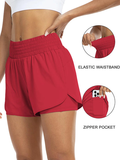 Women's high-waisted athletic shorts for running, yoga, layered design, anti-exposure, fitness, and workout with pockets