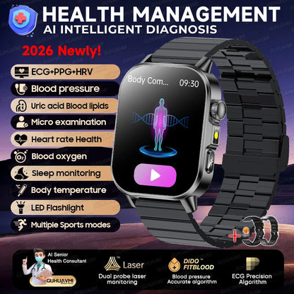 New Health Micro examination ECG SmartWatch Men Women Uric Acid Blood Fat Bluetooth Call Emotional Fatigue Monitoring Smartwatch