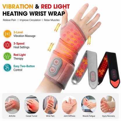 Red Light Therapy Wrist Massager 3000mAh Heated Vibration Brace for Carpal Tunnel Arthritis Pain Relief 36 Triple-Chip 660nm LED