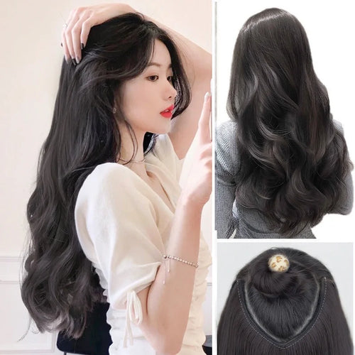 22Inch Synthetic Long Curly Hair Extension 4 Clips V-shape Natural Brown Black Hairpiece for Women