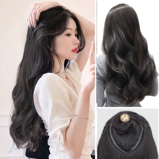 22Inch Synthetic Long Curly Hair Extension 4 Clips V-shape Natural Brown Black Hairpiece for Women