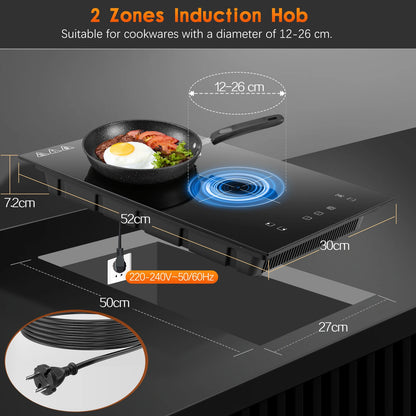 Induction Hob 2 Plates 3300W, 30cm Dual Mode,Touch Control Crystal Glass 9 Heat Settings,Booster Function,Timer, Child Lock