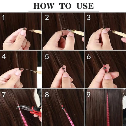 Hair Feathers Extension Kit -50pcs Synthetic Feather Hair Extensions Hair Pieces And 100 Pcs Silicon Micro Link Beads&3 Pcs Tool