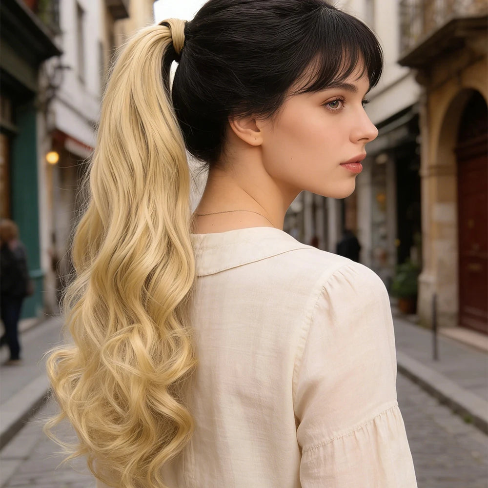 Synthetic Hair Ponytail Extension Curly hairBlonde Wrap-Around Hairpiece Easy to Wear for Quick Style Change