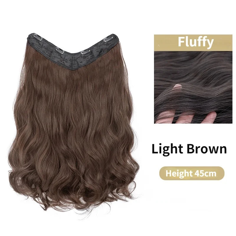 22Inch Synthetic Long Curly Hair Extension 4 Clips V-shape Natural Brown Black Hairpiece for Women