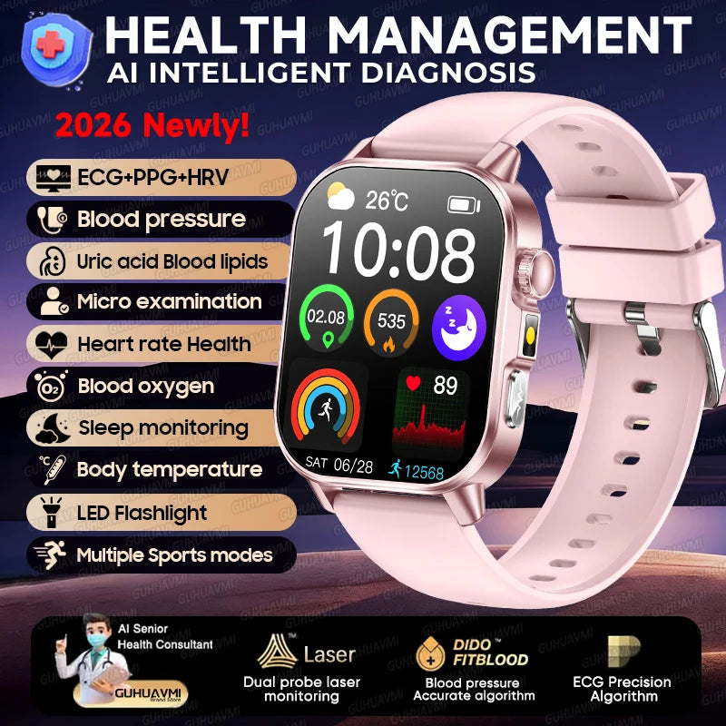 New Health Micro examination ECG SmartWatch Men Women Uric Acid Blood Fat Bluetooth Call Emotional Fatigue Monitoring Smartwatch