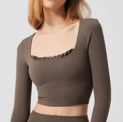 Fitness Sports Long Sleeve Top Running Square Neck Lace Tight Outwear with Chest Pad Long Sleeve Sports Yoga Clothes XP07