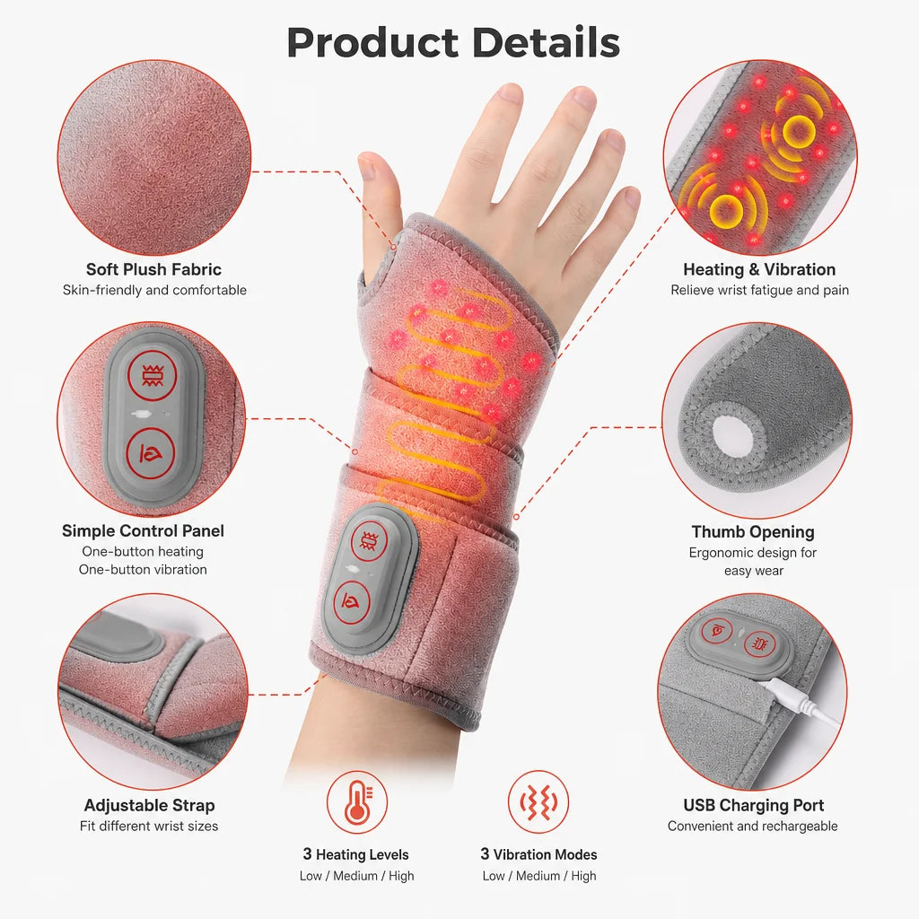 Red Light Therapy Wrist Massager 3000mAh Heated Vibration Brace for Carpal Tunnel Arthritis Pain Relief 36 Triple-Chip 660nm LED